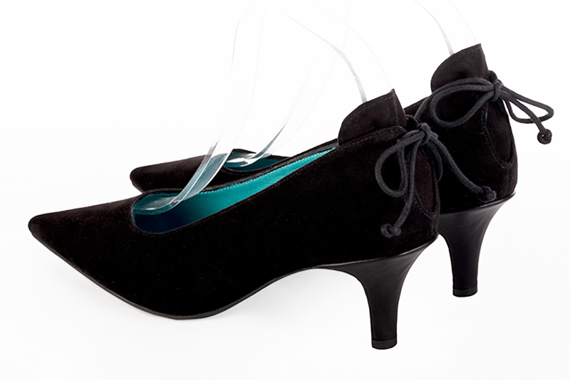 Matt black women's dress pumps, with a round neckline. Pointed toe. Medium slim heel. Rear view - Florence KOOIJMAN